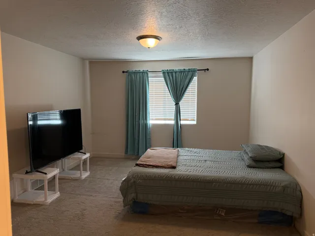 Bedroom with light colored carpet and a textured ceiling
