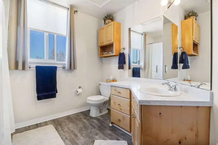 Full bathroom with vanity, dark wood finished floors, and a shower with shower curtain