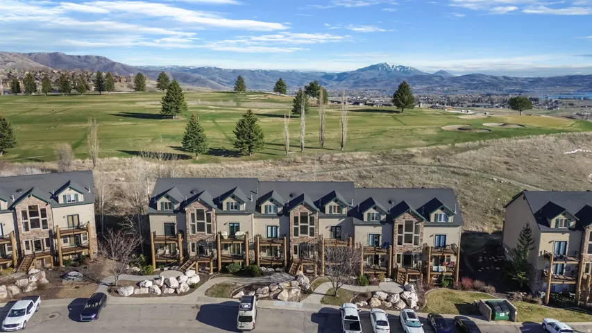 Aerial view of mountains and a golf club