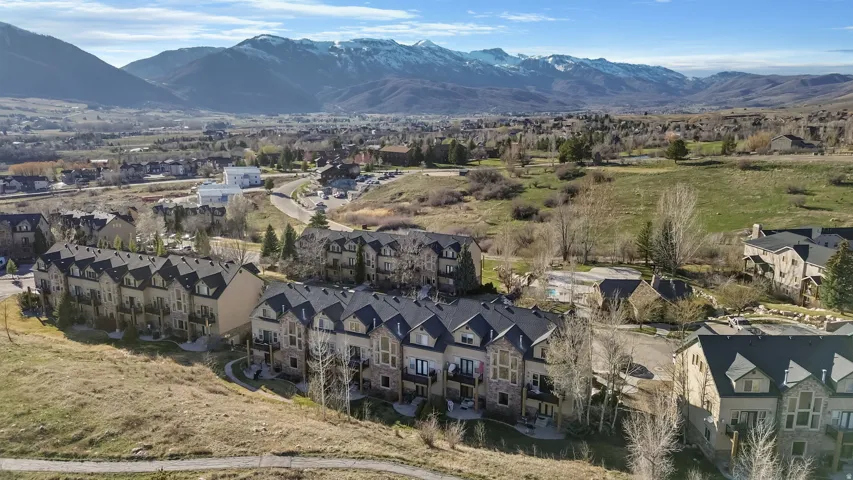Aerial view of residential area with a mountain backdrop
