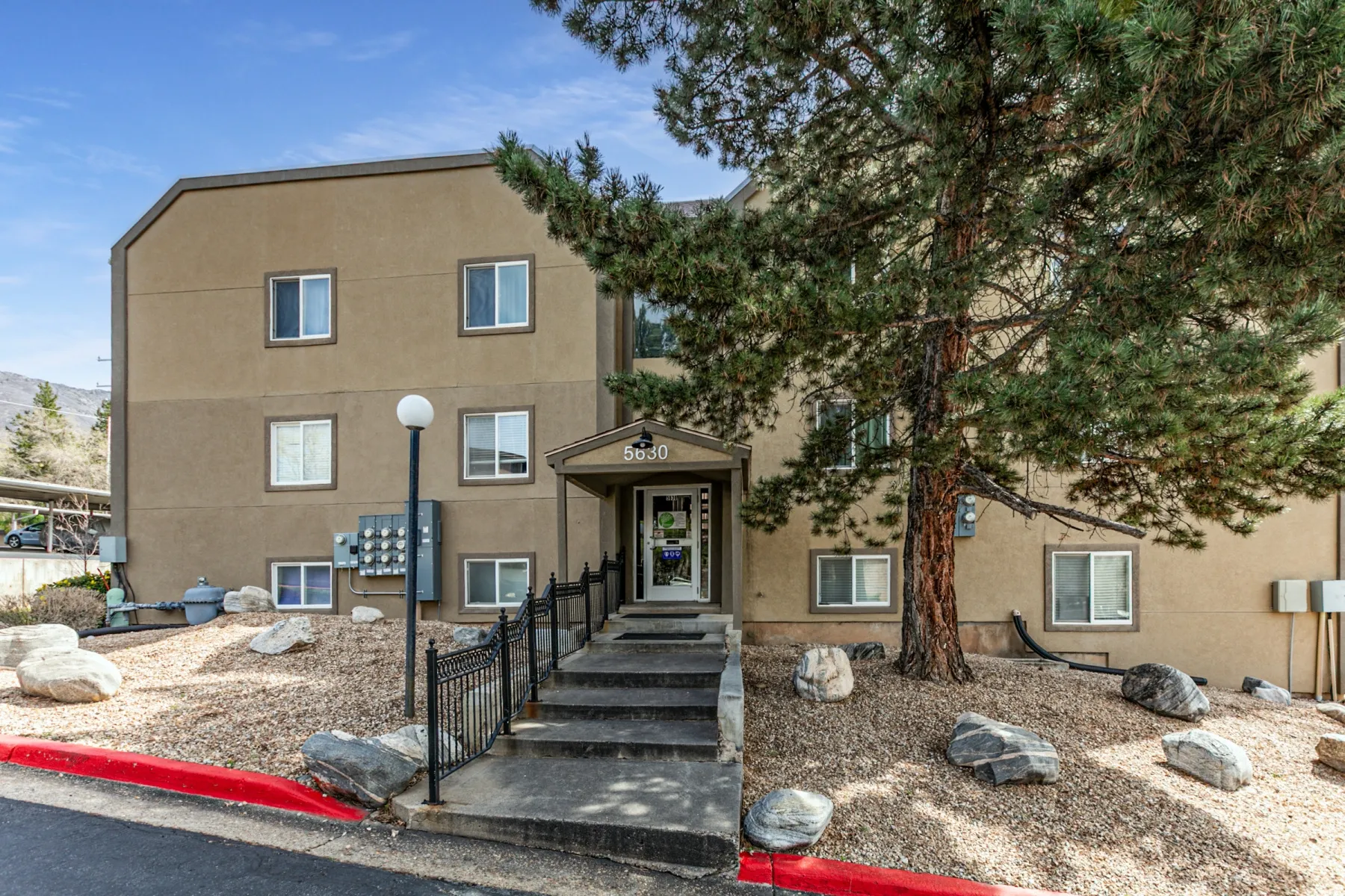 View of front facade with stucco siding