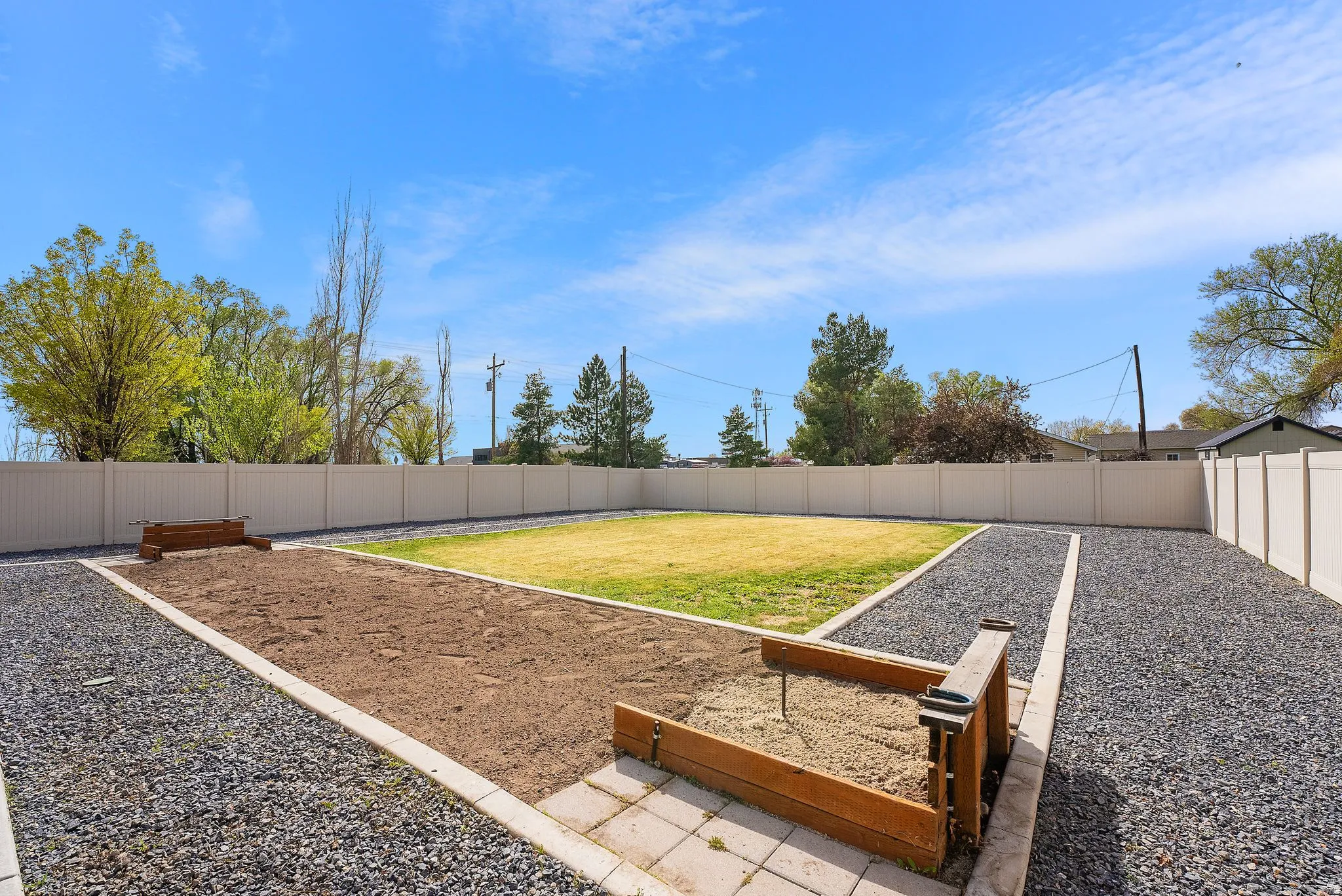 Fenced backyard featuring a vegetable garden