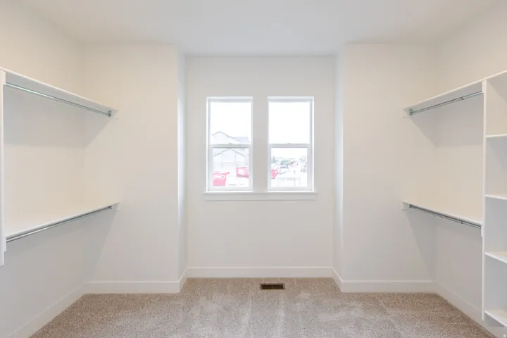 Spacious walk-in closet featuring dual windows, built-in shelving, hanging rods, and neutral carpeting