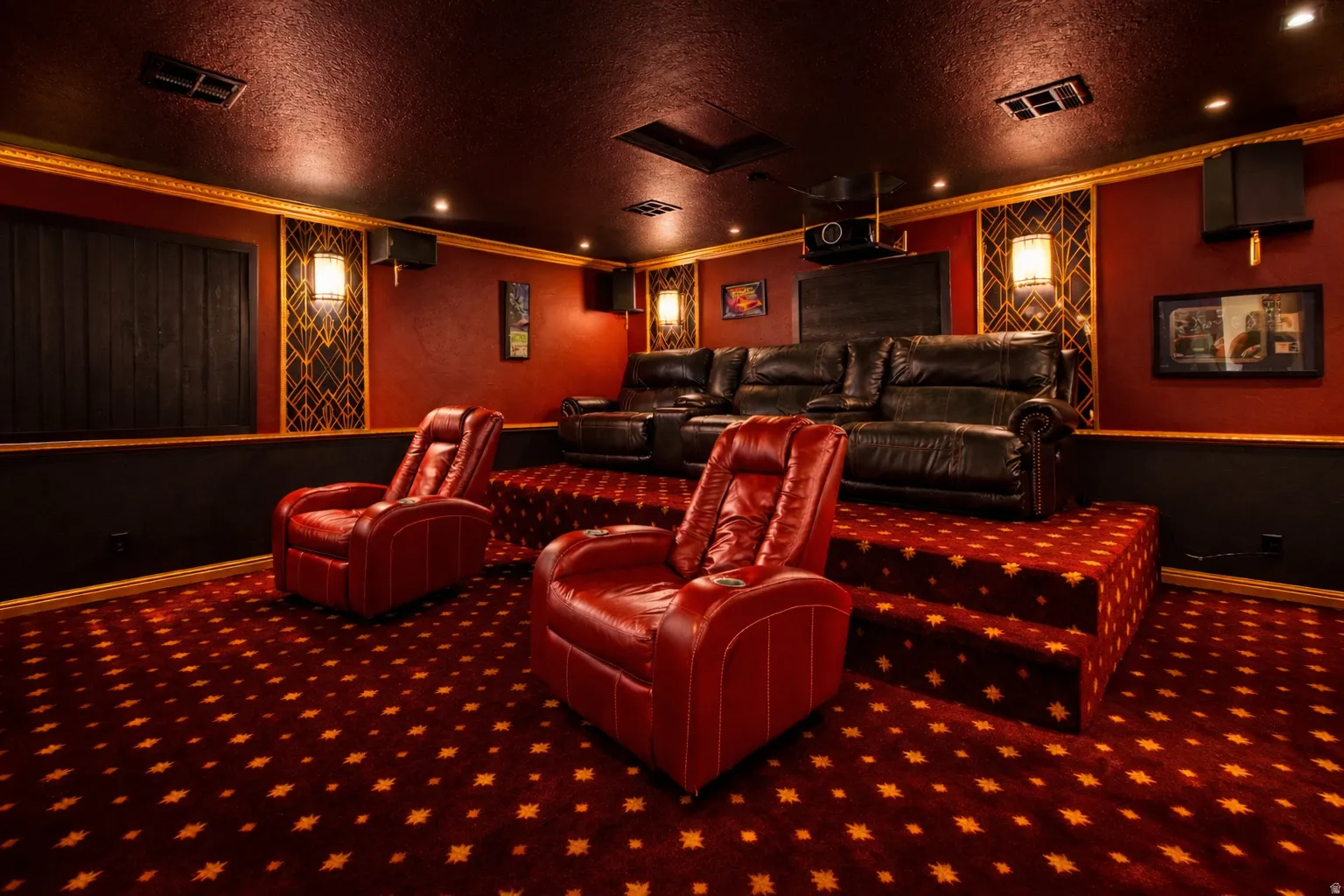 Cinema room with a textured ceiling, recessed lighting, ornamental molding, and carpet
