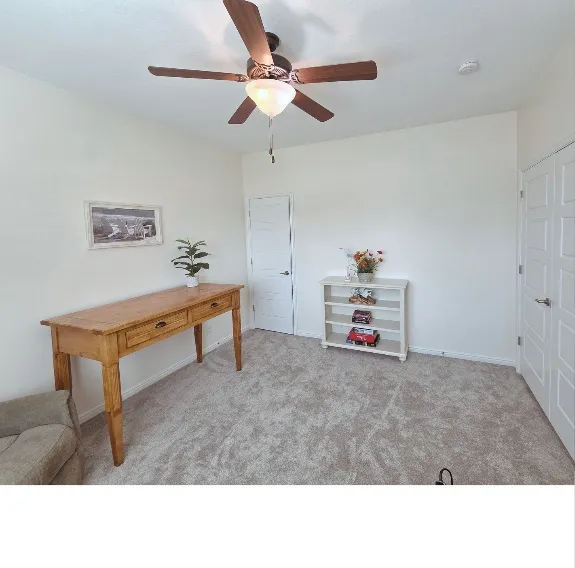 Home office with a ceiling fan and light carpet