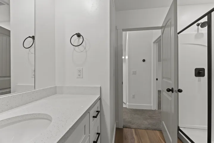 Bathroom featuring vanity and dark wood finished floors