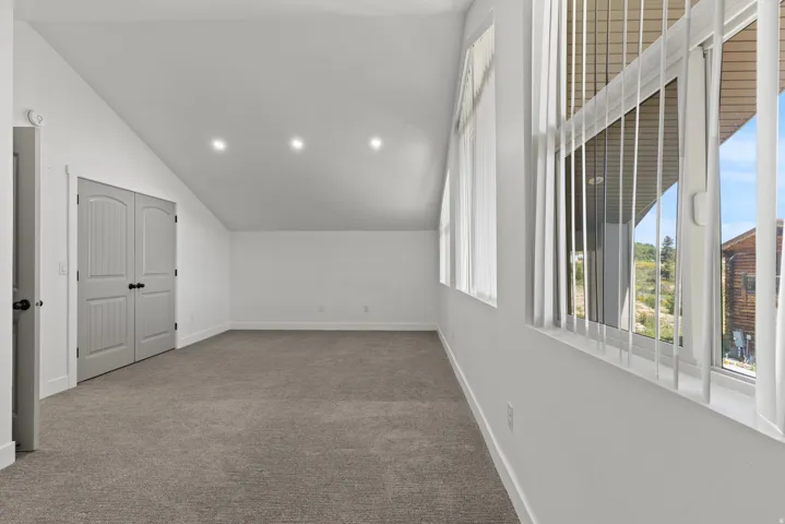 Additional living space featuring carpet and lofted ceiling