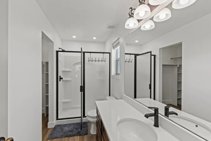 Full bath with a walk in closet, a shower stall, dark wood-type flooring, vanity, and recessed lighting