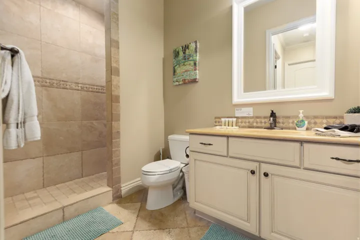 Hall bathroom with vanity and walk in shower