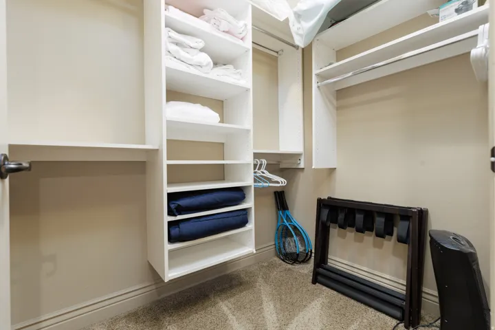 Primary walk in closet featuring light colored carpet