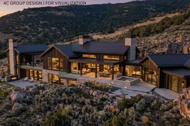 Multi-level residence featuring extensive stone and wood siding, multiple covered patios, and a built-in outdoor spa