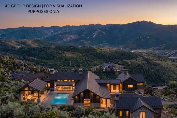 Mountainous landscape surrounding a multi-level property with a dark-pitched roof and stone cladding