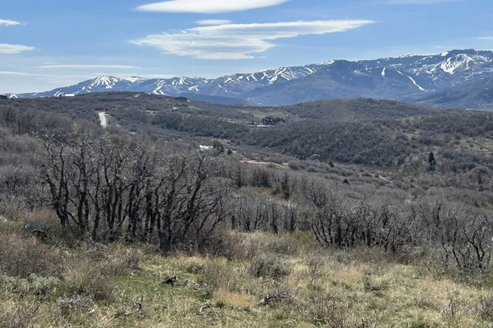 Expansive mountain landscape with snow-capped peaks and distant residences