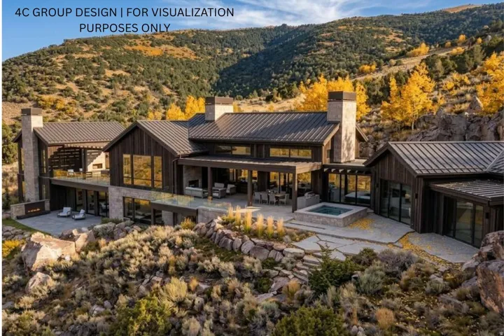 Contemporary mountain-style architecture featuring extensive glazing, multiple outdoor entertaining areas, a built-in outdoor spa, stone accents, and a metal roof