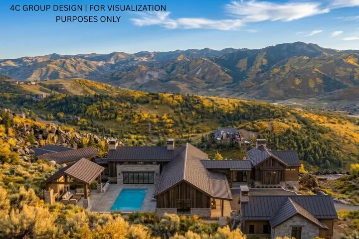 Expansive mountain backdrop, large outdoor pool, covered patio, multiple stone and wood-clad exterior facades, and metal roofing