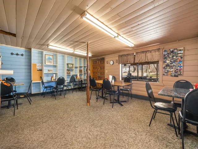 Dining space featuring wood walls and carpet flooring