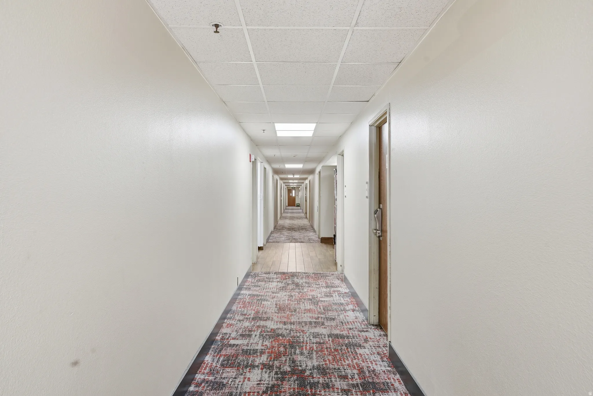 Corridor with a drop ceiling and light colored carpet