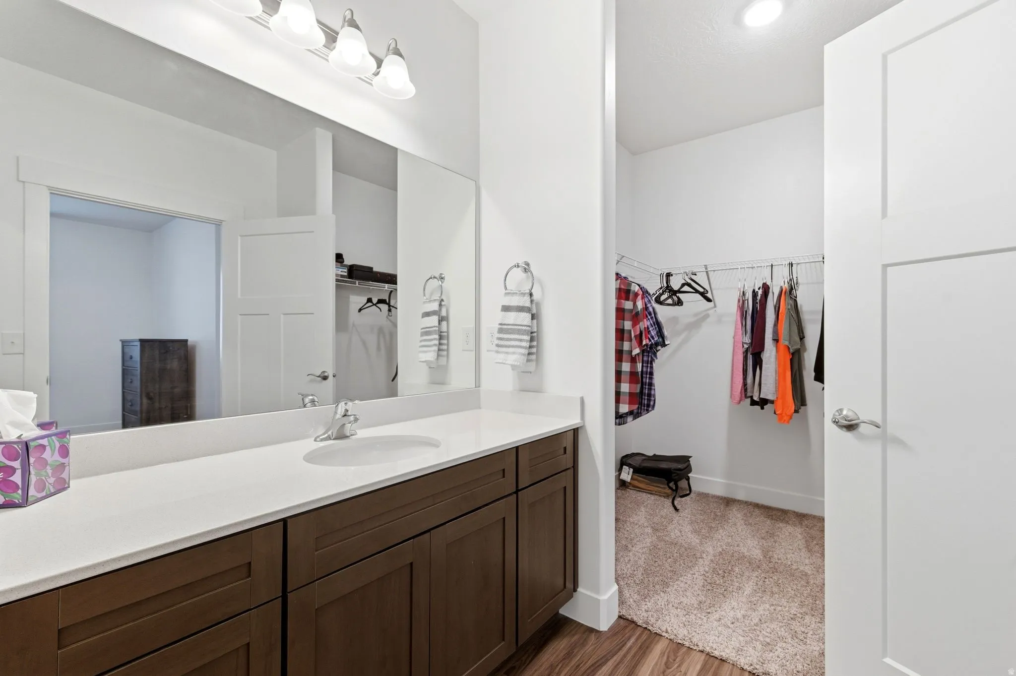 Bathroom with vanity, a walk in closet, and dark wood finished floors