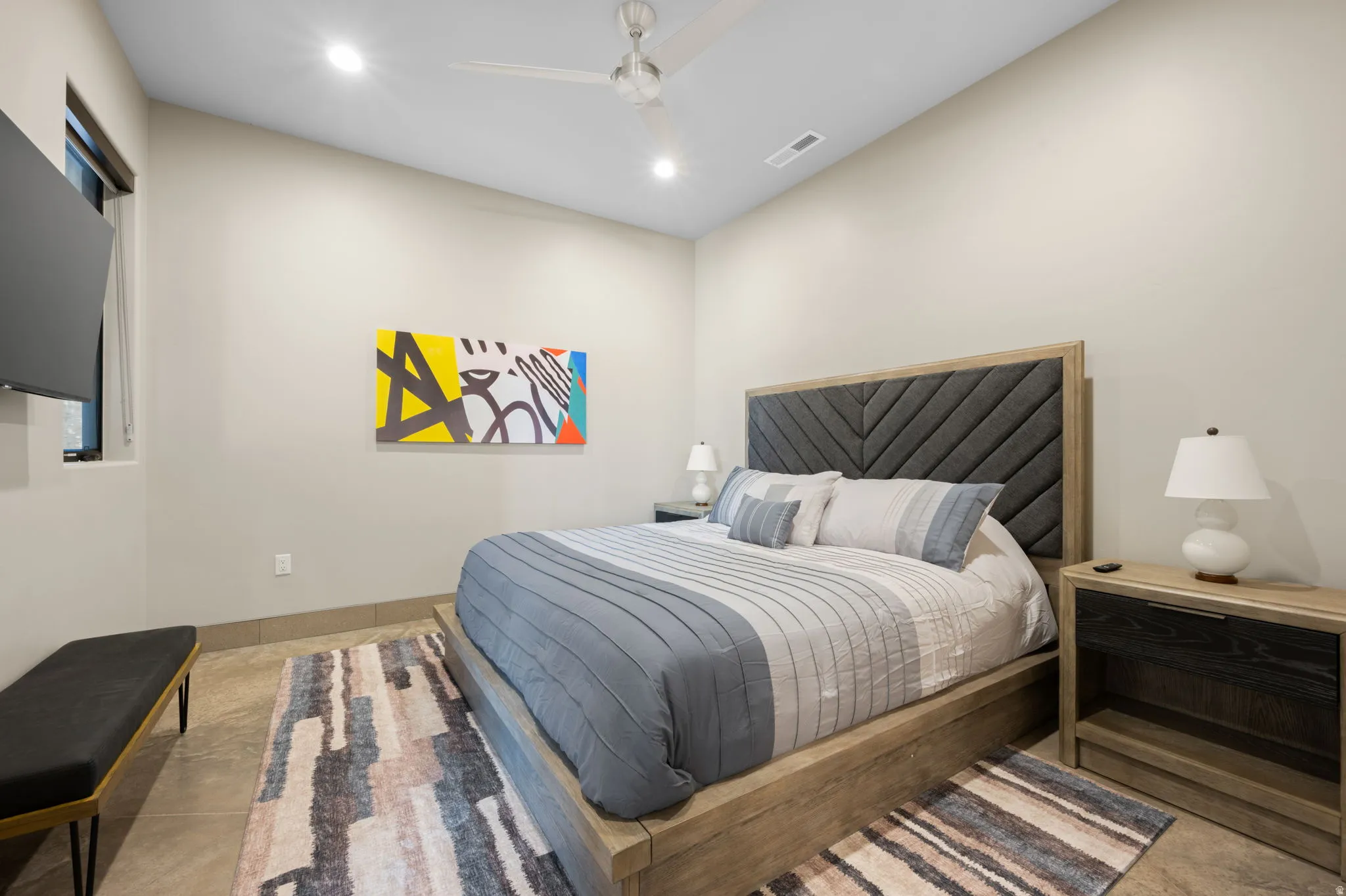 Bedroom with recessed lighting, ceiling fan, and tile patterned flooring