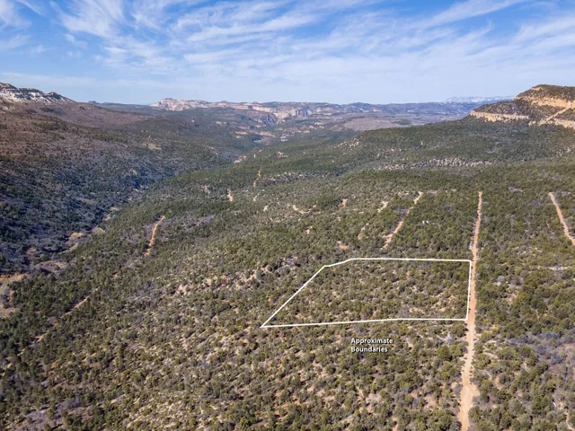 Aerial overview of property's location with a mountain backdrop and property boundaries highlighted