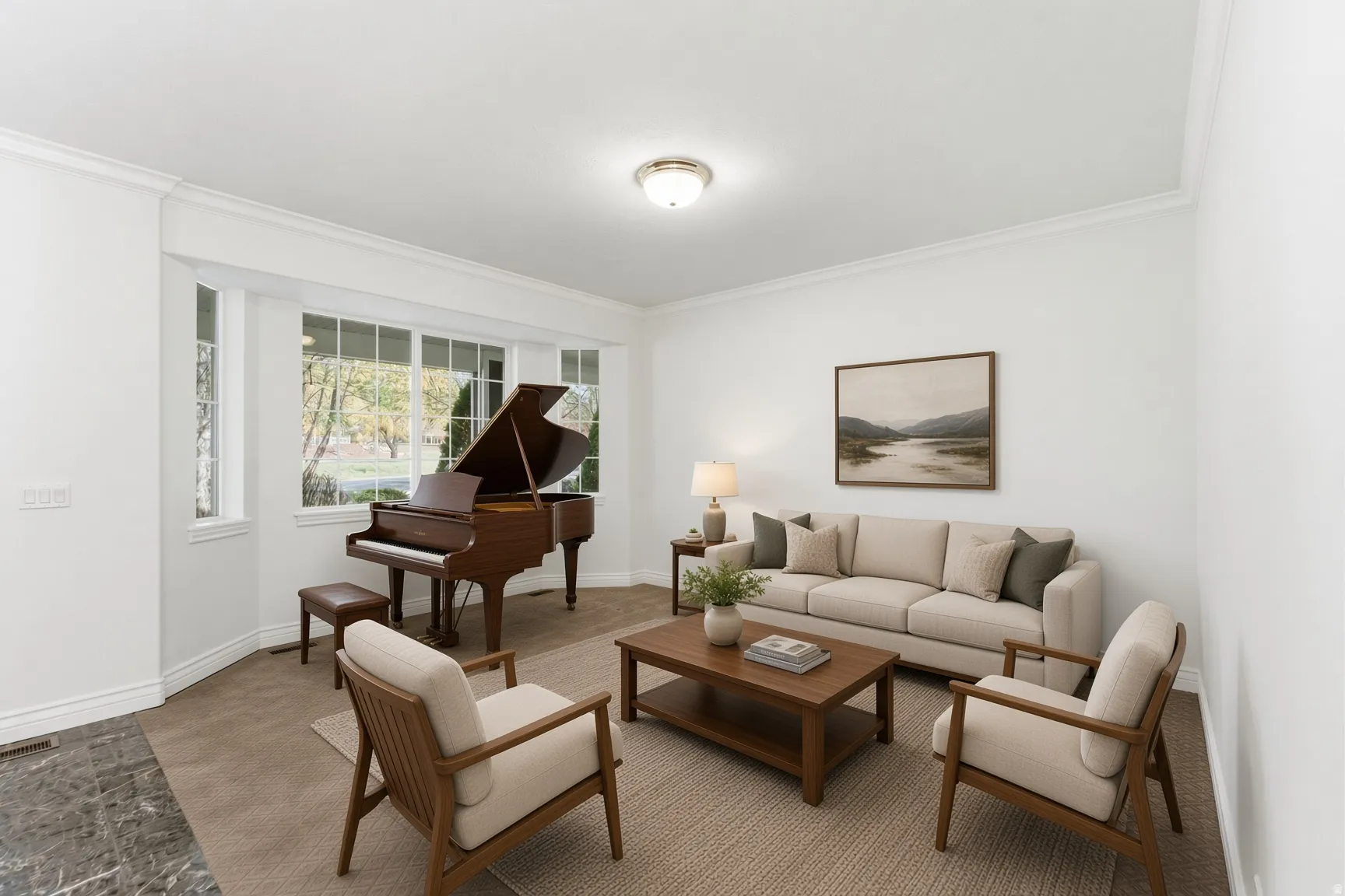 Living Room. Staging Option with Piano. Room has crown molding, and large bay windows