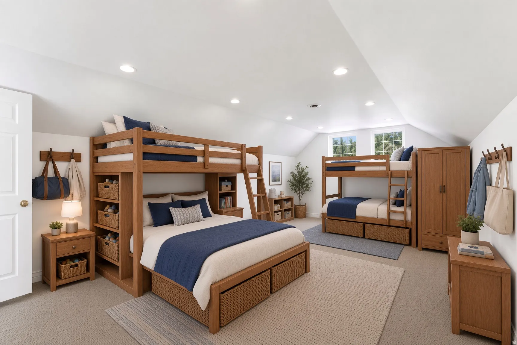 This is the bonus room stages as a bunk room with extra storage for weekend visitors. It has vaulted ceilings with recessed lighting