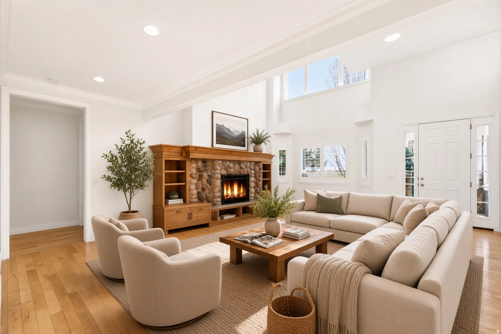 Two-story living area with wood-finish flooring, a stone fireplace with built-in cabinetry, and transom windows