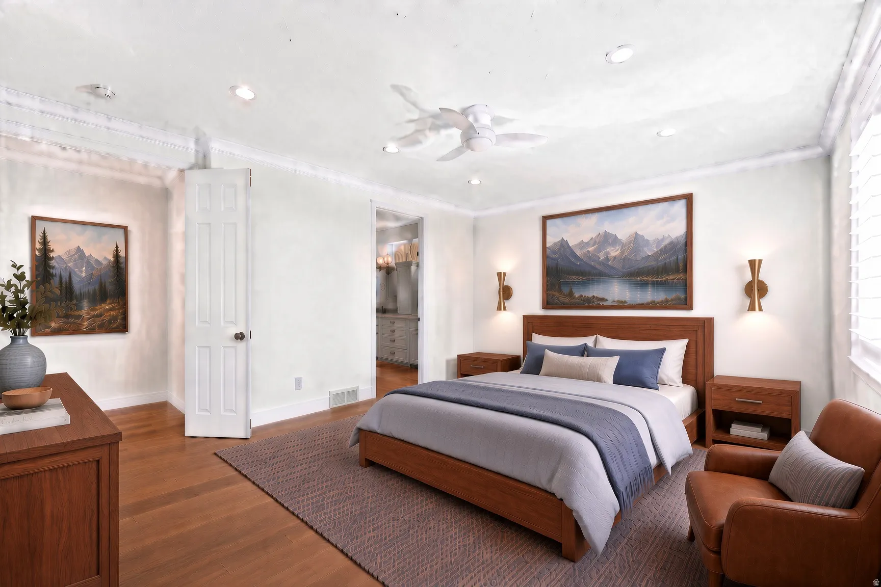 Recessed lighting, crown molding, wood-finish flooring, ceiling fan, and window with blinds