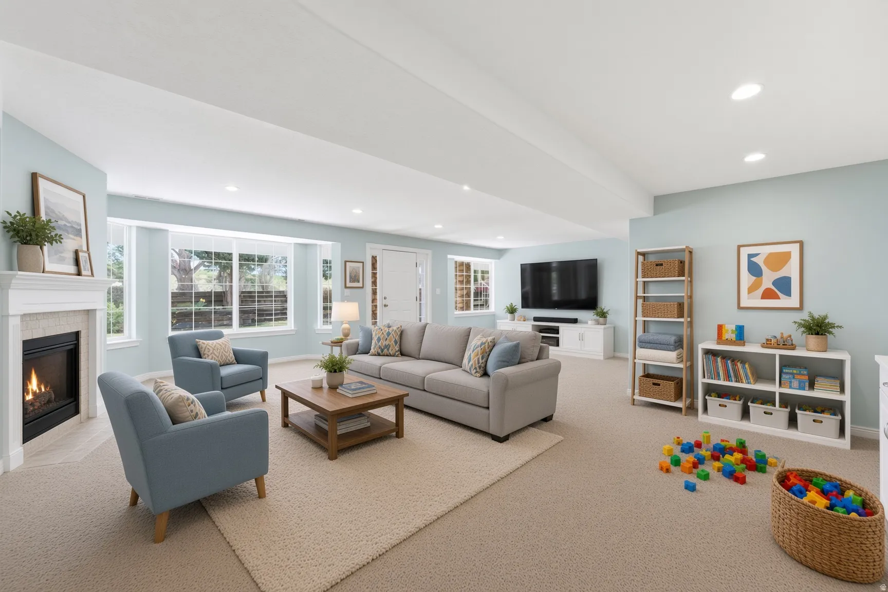 Recessed lighting, bay window, white-painted fireplace mantel, hearth, and surround, and light-colored carpeting