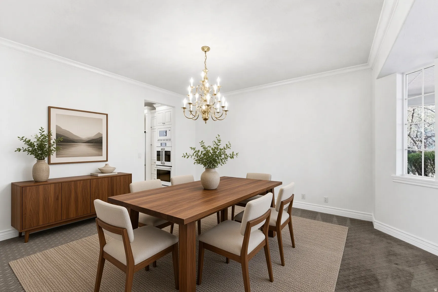 Crown molding accents the ceiling, complemented by a multi-arm chandelier