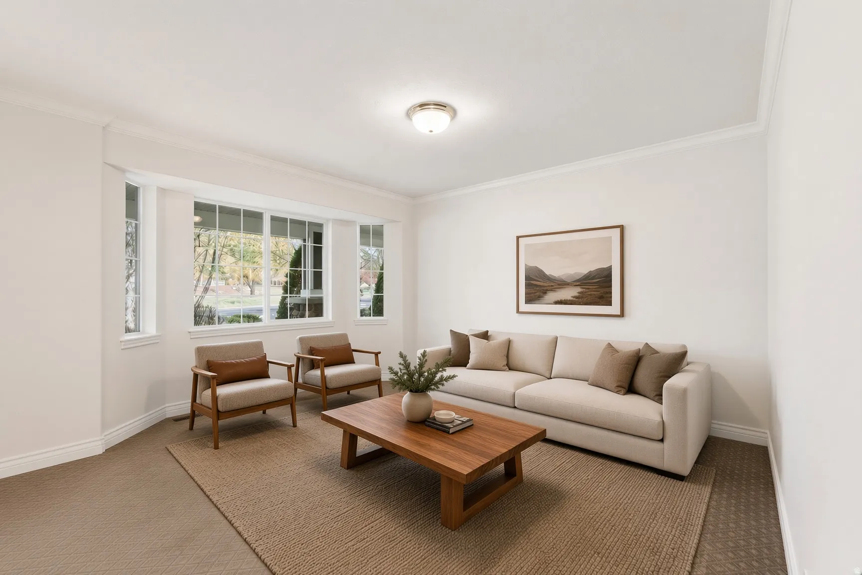 Bay window with multiple panes, light-colored wall paint, crown molding, and recessed lighting