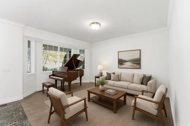 Living Room. Staging Option with Piano. Room has crown molding, and large bay windows