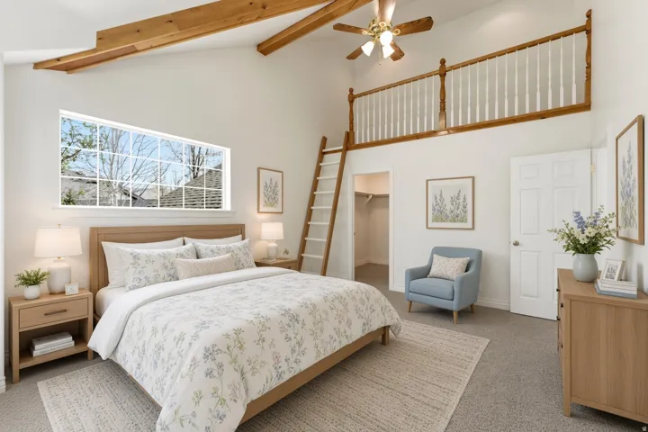 Vaulted ceiling with exposed wood beams, large horizontal window, wood ladder, interior balcony with wood railing, and ceiling fan