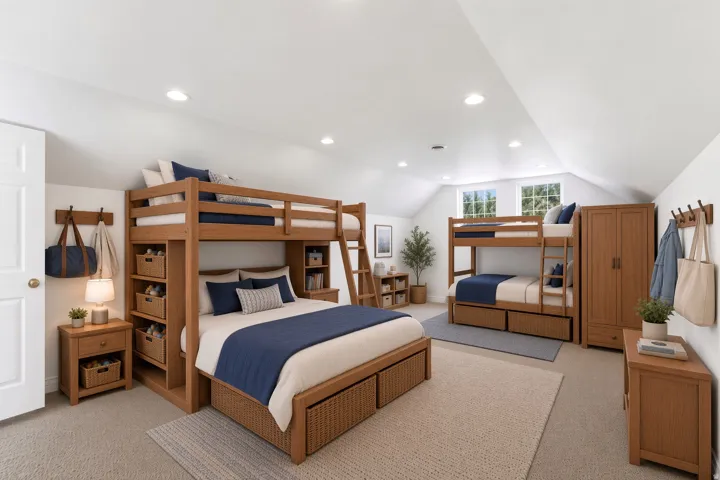 This is the bonus room stages as a bunk room with extra storage for weekend visitors. It has vaulted ceilings with recessed lighting