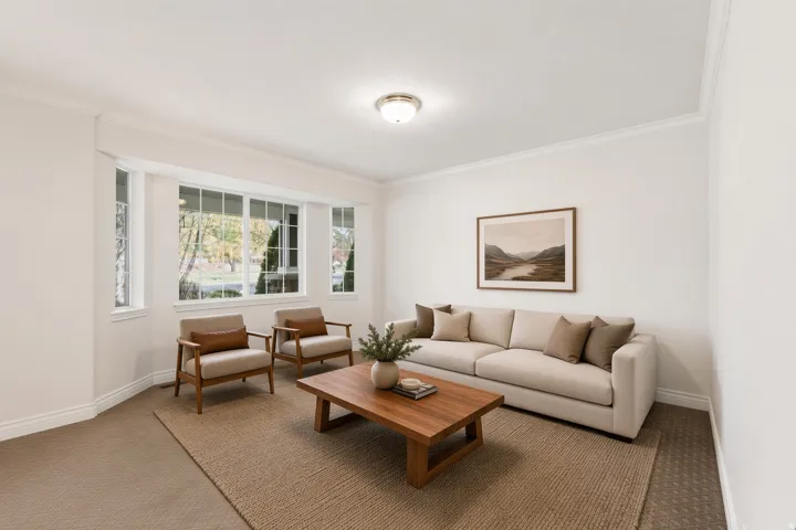 Bay window with multiple panes, light-colored wall paint, crown molding, and recessed lighting