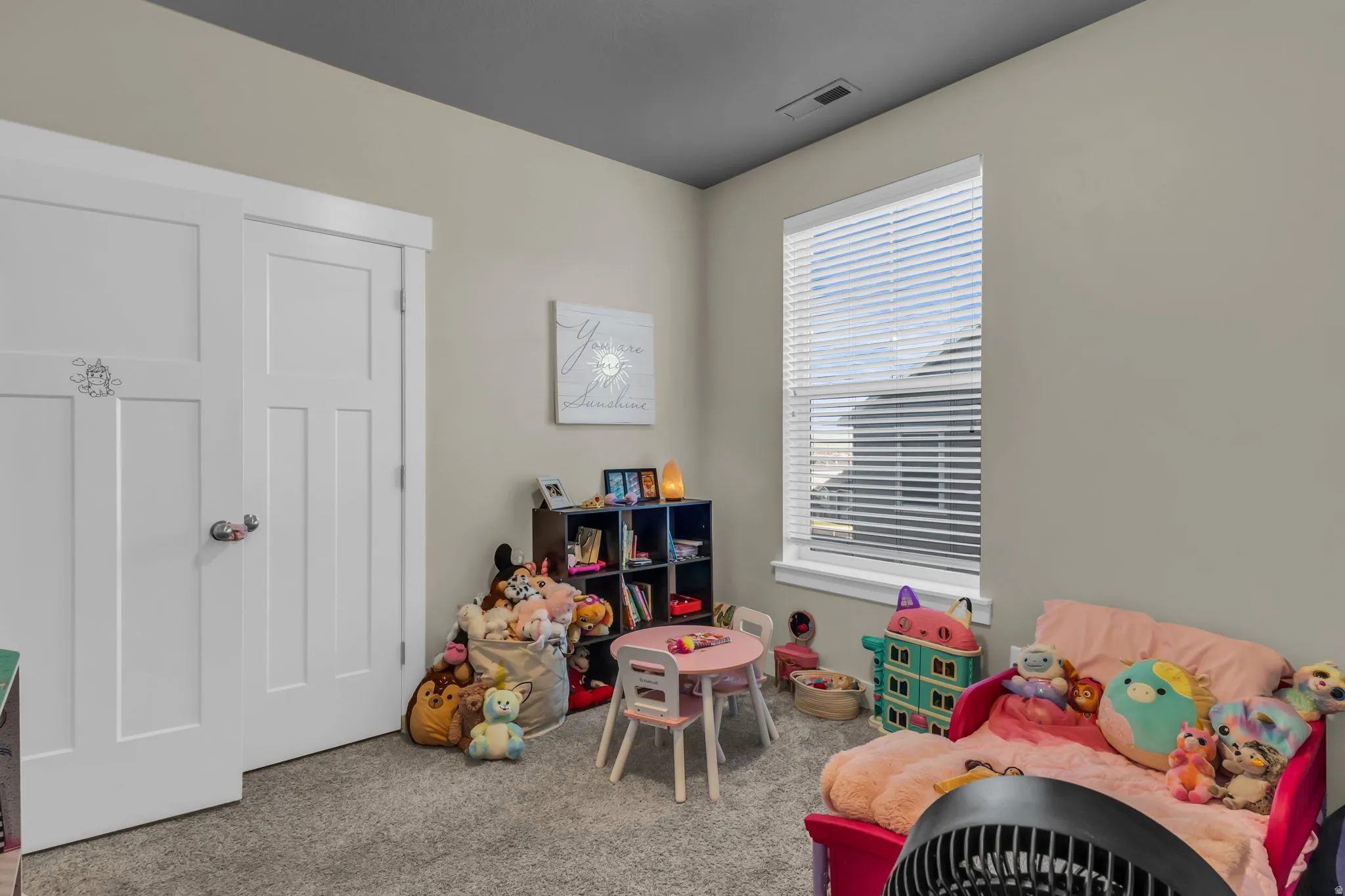 Recreation room with carpet flooring