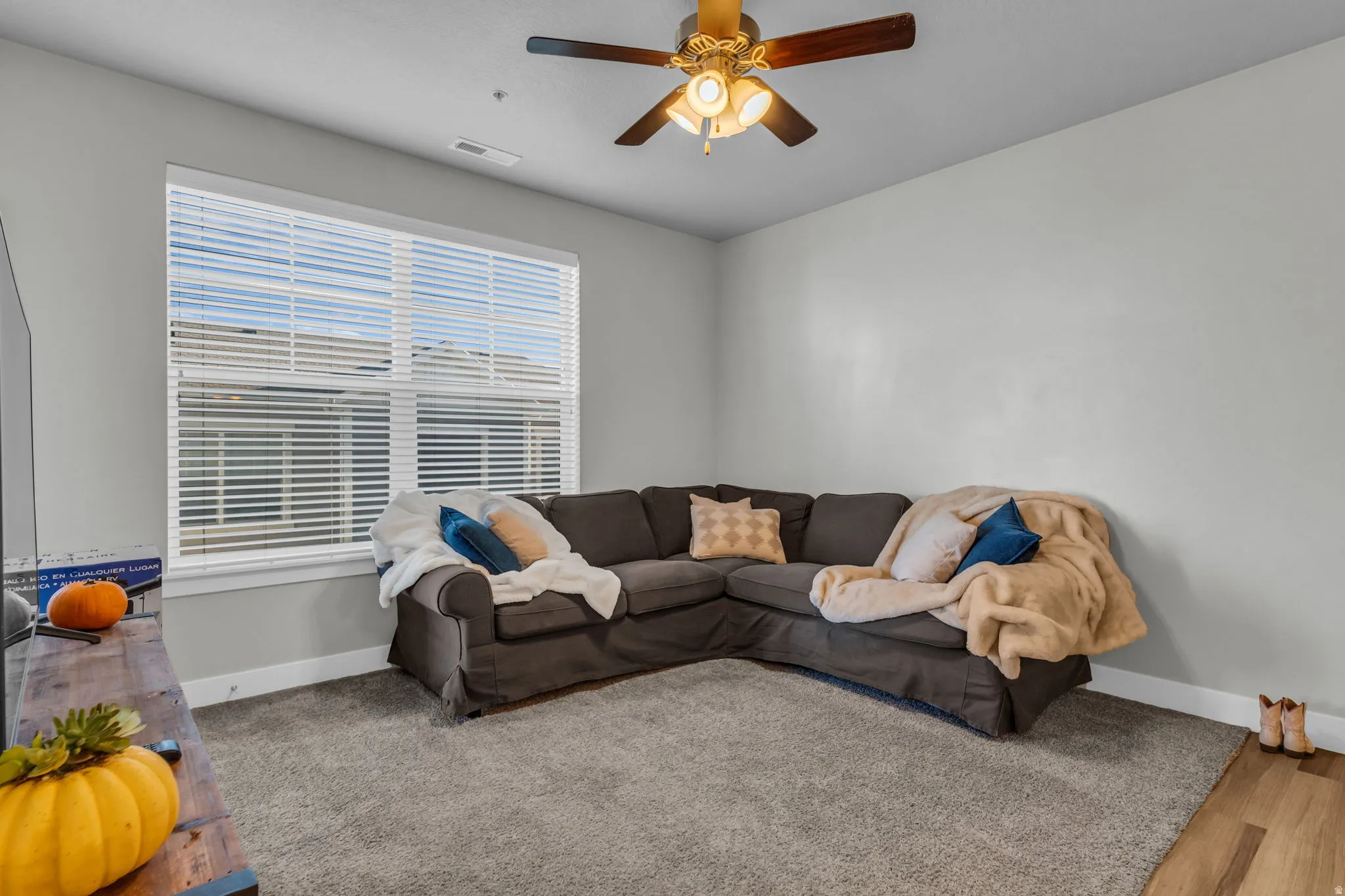 Living room with a ceiling fan and baseboards