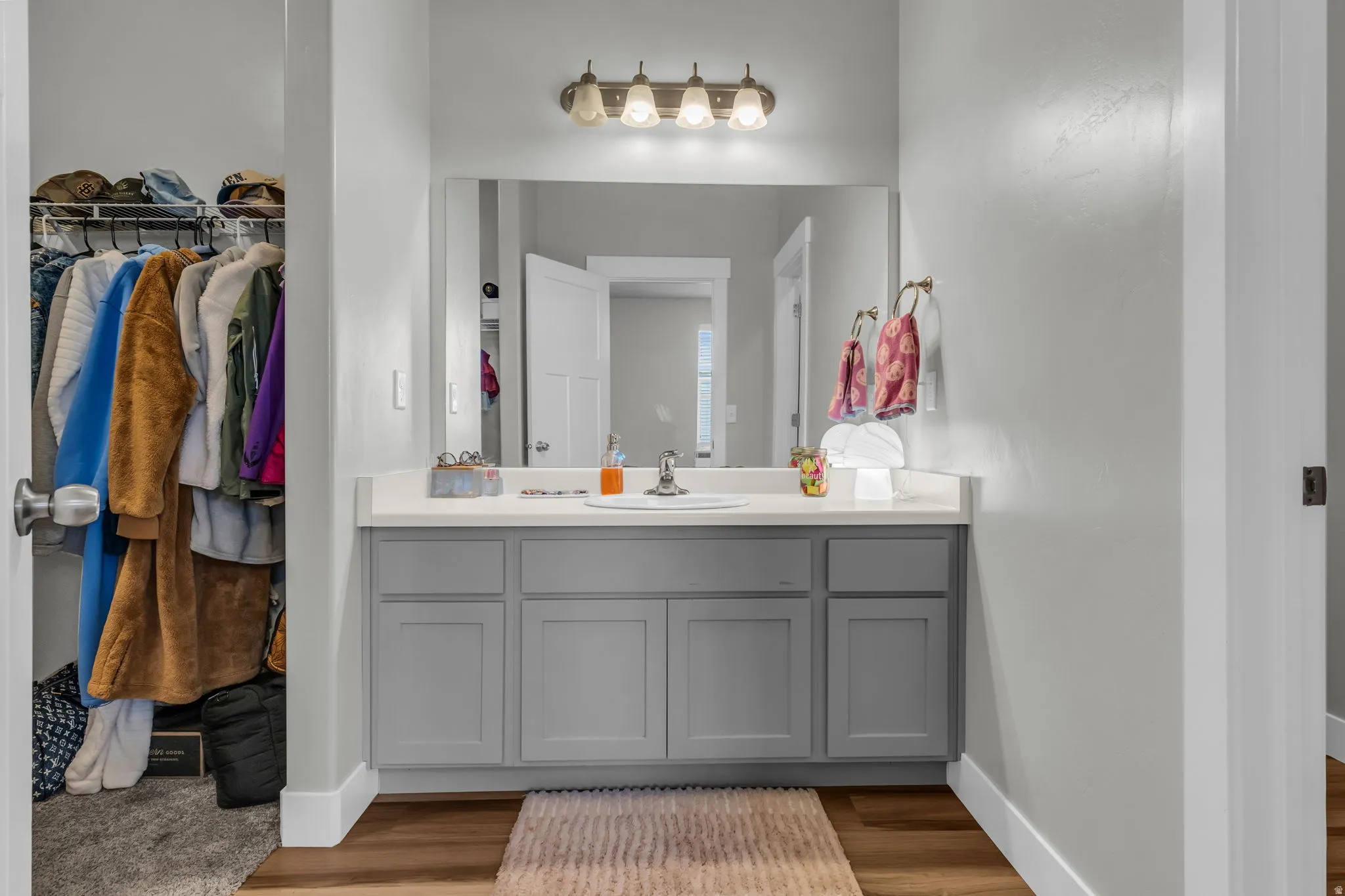 Bathroom featuring vanity, light wood-style floors, and a walk in closet