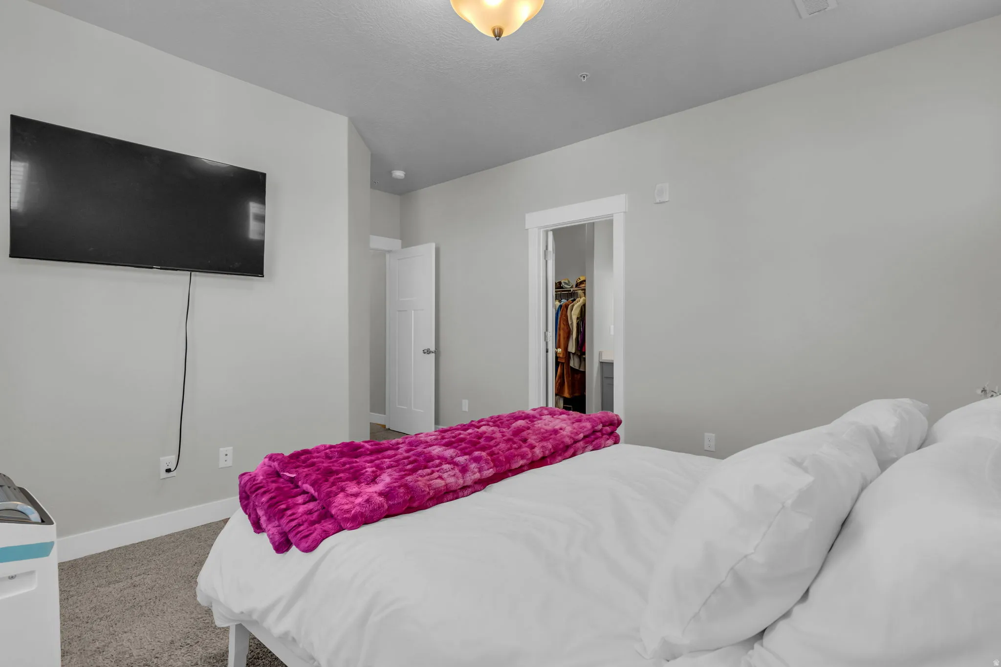 Carpeted bedroom featuring baseboards and a walk in closet