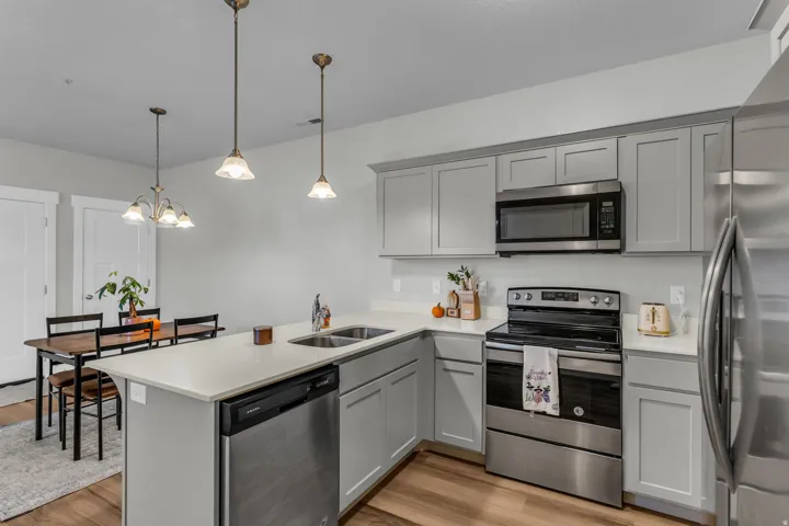 Kitchen with a peninsula, stainless steel appliances, gray cabinetry, light wood-style floors, and hanging lights