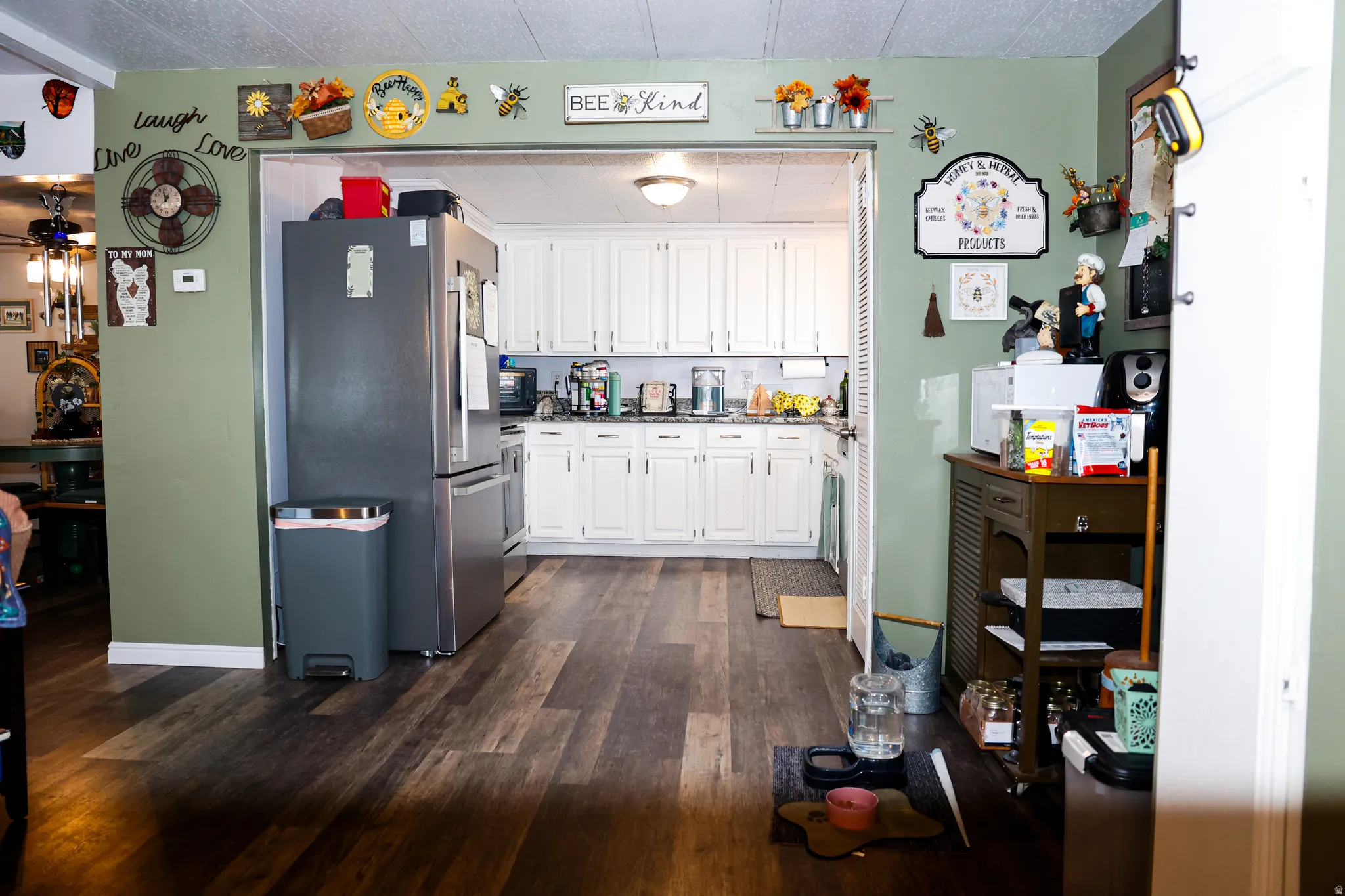 Kitchen with white cabinets, stainless steel appliances, a ceiling fan, and dark wood finished floors