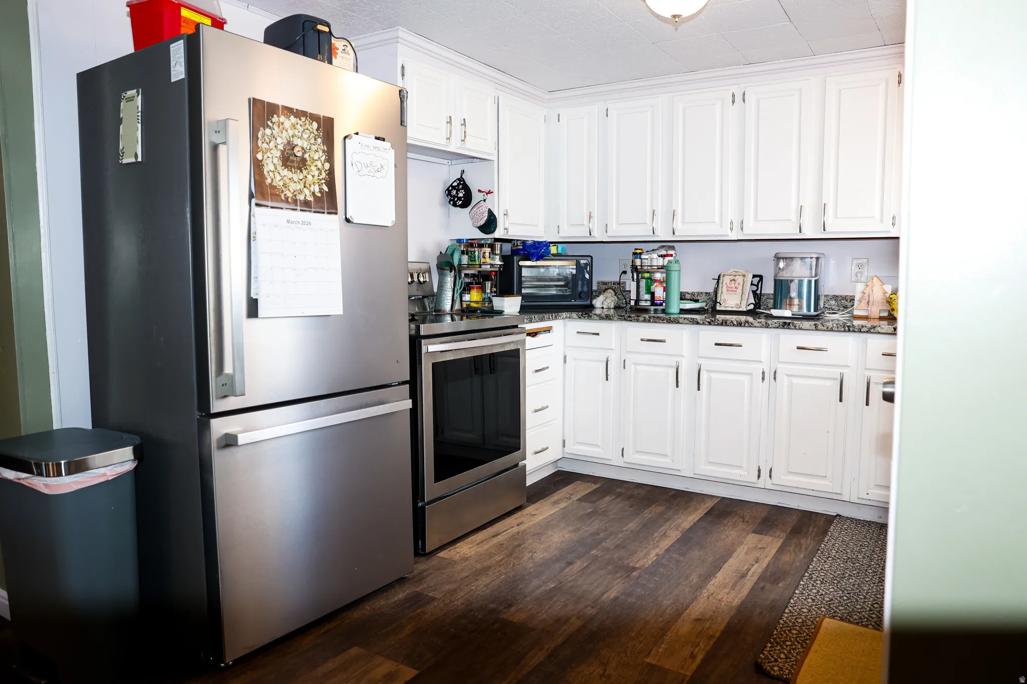 Kitchen with stainless steel appliances, white cabinetry, dark wood-style floors, and dark stone counters