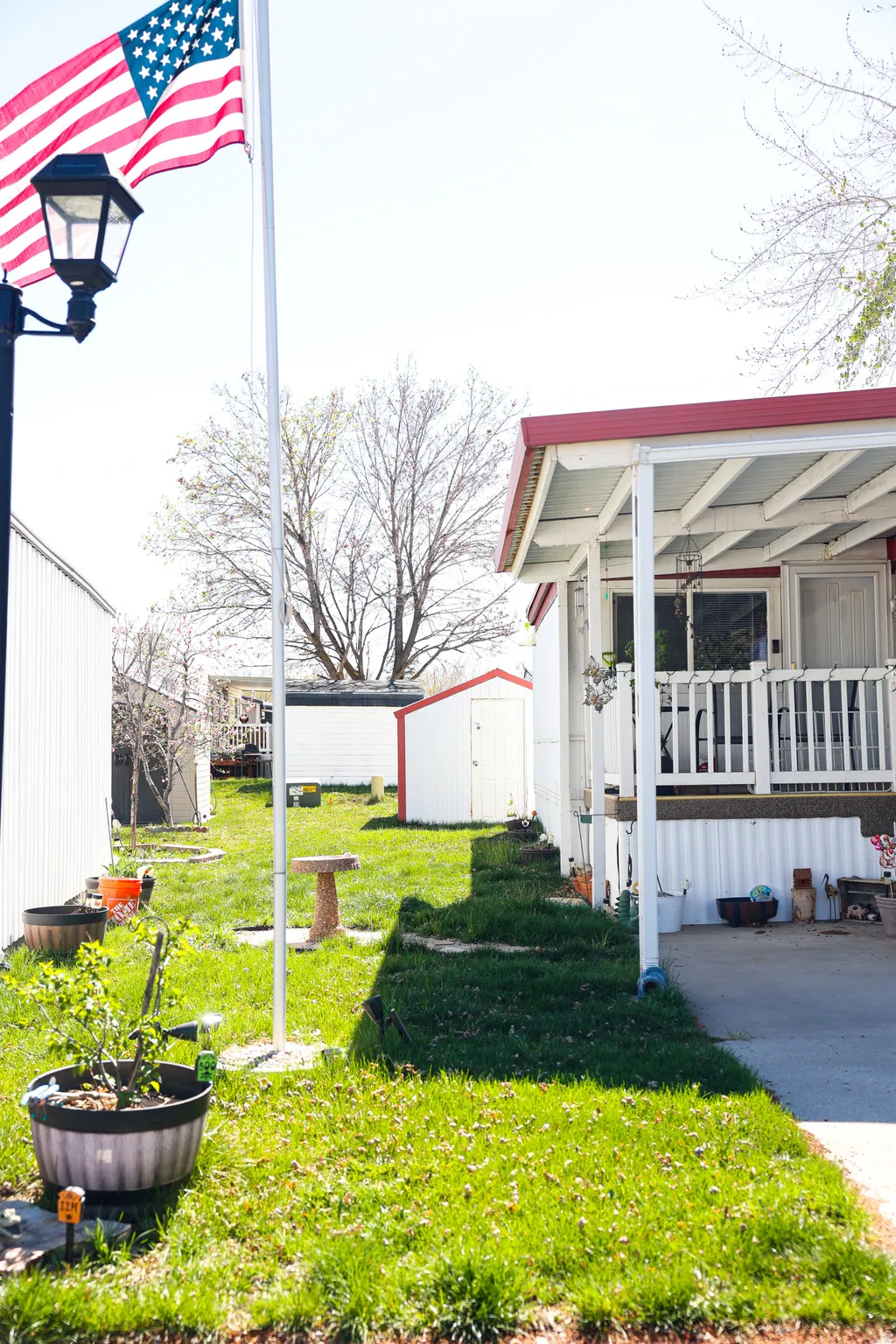 View of grassy yard with a storage unit