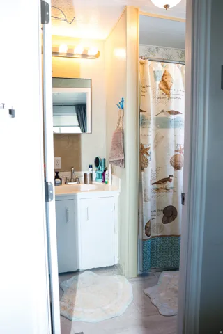 Full bathroom with curtained shower and vanity