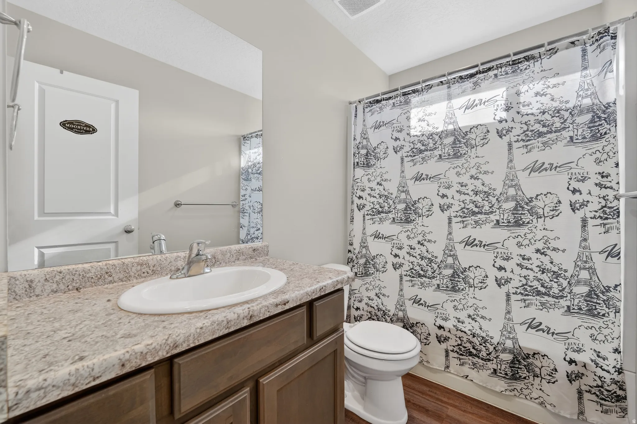 Bathroom with vanity, curtained shower, and dark wood-type flooring