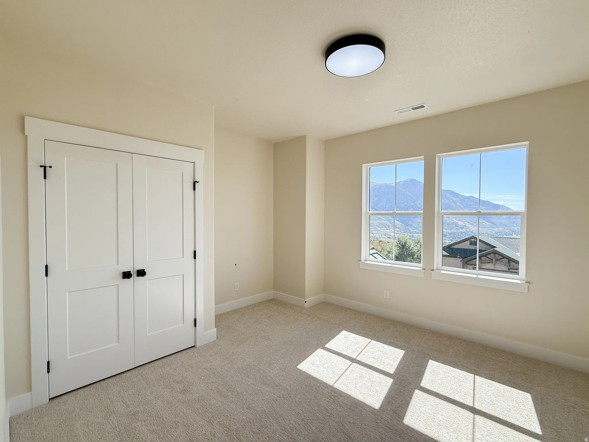 Unfurnished bedroom with a mountain view, light colored carpet, and a closet