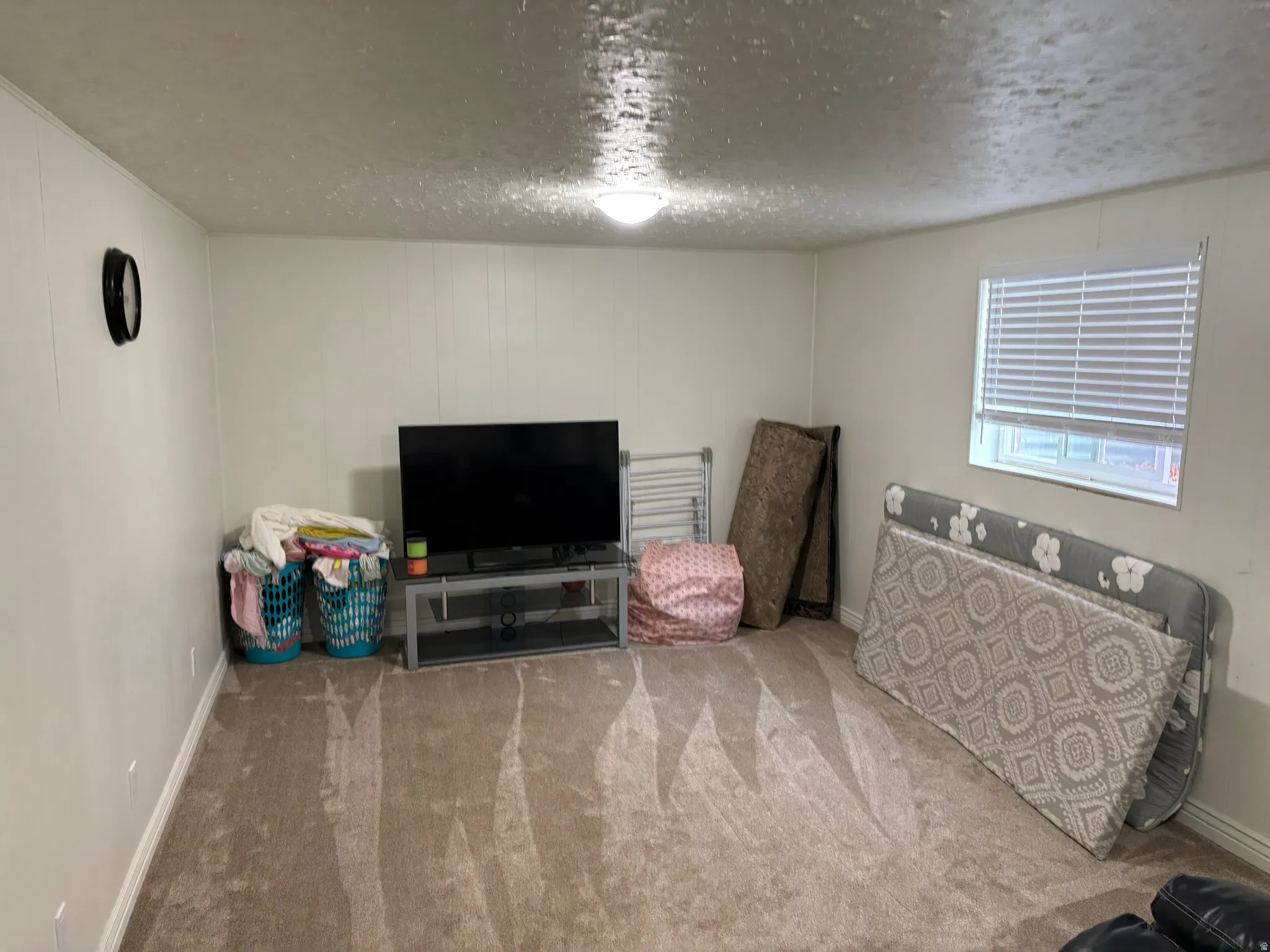 Living area with a textured ceiling and carpet flooring