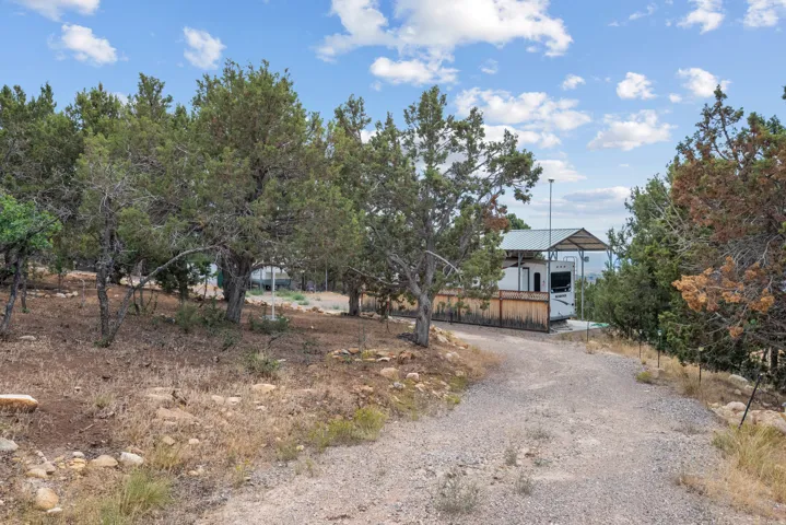 Gravel driveway with a partial wood privacy fence and a metal-roofed structure