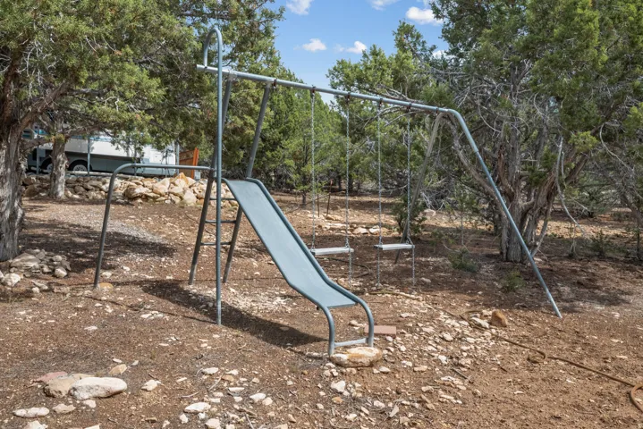 Outdoor recreation area featuring a metal swing set with a slide and two swings, surrounded by established trees