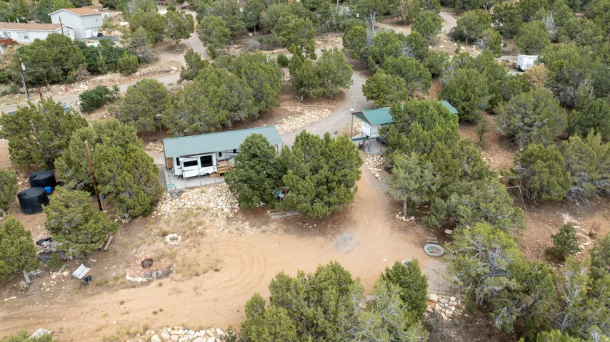 Expansive lot with mature trees, a detached carport, and a gravel driveway